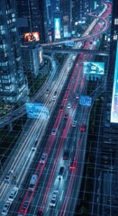 Futuristic Urban Cityscape With Busy Highway At Night Showing Technology And Motion