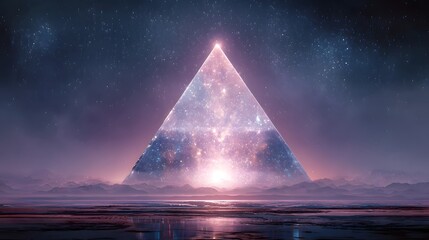 A luminous triangular structure stands over a tranquil landscape under a starry sky.
