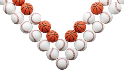 Arrangement of baseball and basketballs in a v shape isolated on transparent background