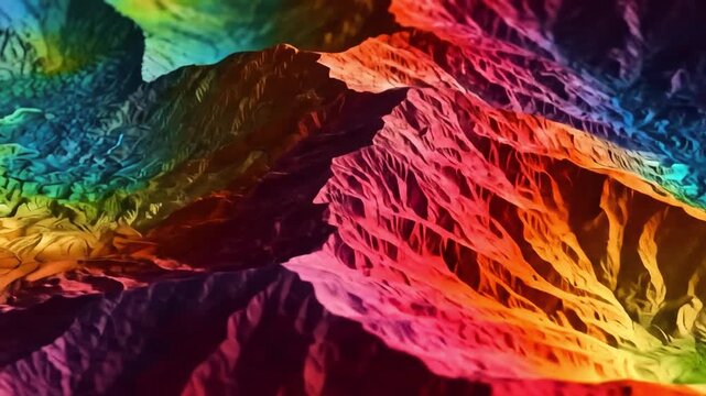 topographic map of a mountain range with vibrant elevation colors