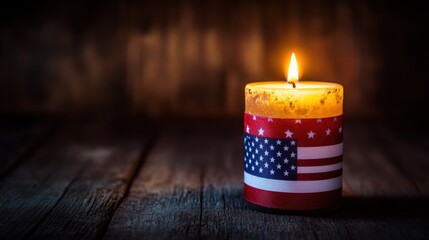 a lit candle with an American flag ribbon wrapped around it, placed on a dark wooden table with soft light and a somber background