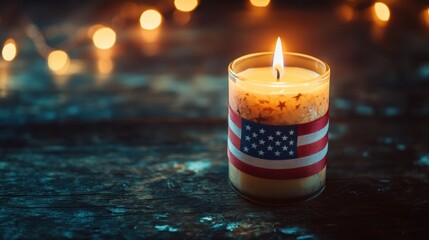 a lit candle with an American flag ribbon wrapped around it, placed on a dark wooden table with soft light and a somber background