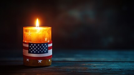 a lit candle with an American flag ribbon wrapped around it, placed on a dark wooden table with soft light and a somber background