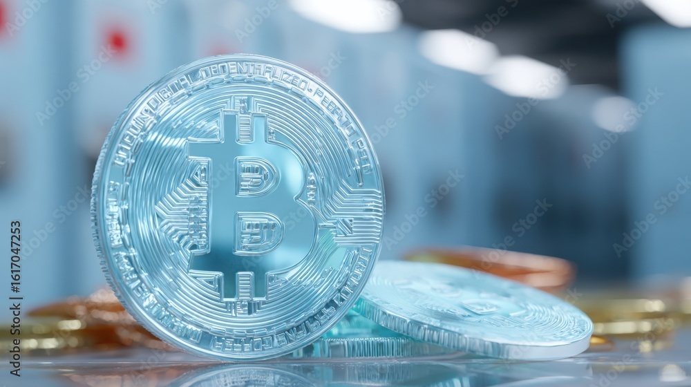 Poster abstract representation of bitcoin coins piling up to illustrate the growth of digital currency in f