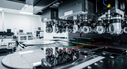 Fototapeta premium Innovative extremeultraviolet lithography installation zone with mounted optical lenses and alignment markers in clean workspace.