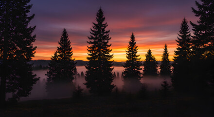 Majestic Sunrise Silhouette of Pine Trees in Misty Forest