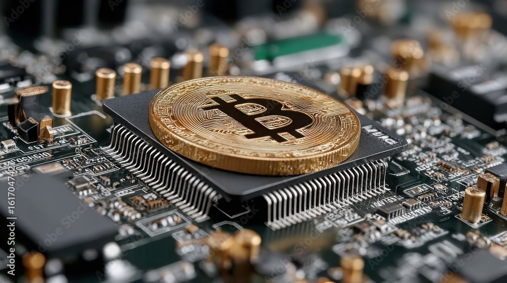 Poster conceptual icon of a bitcoin on a computer chip representing minimal device in quantum transaction p