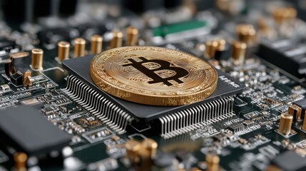 Conceptual icon of a bitcoin on a computer chip representing minimal device in quantum transaction processor design