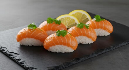Salmon Nigiri Delight: A tantalizing close-up showcases artfully crafted salmon nigiri, meticulously arranged and garnished with fresh parsley, accompanied by lemon.