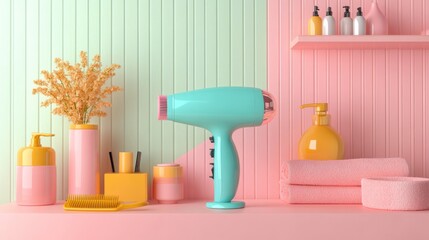 Pastel-colored hairdryer displayed on a pink and mint bathroom counter, surrounded by toiletries and decor.