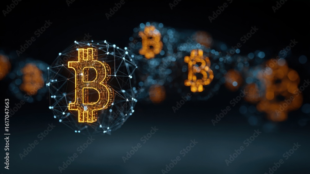 Poster creative visualization of a bitcoin incorporated into quantum wallet mesh concept highlighting inter