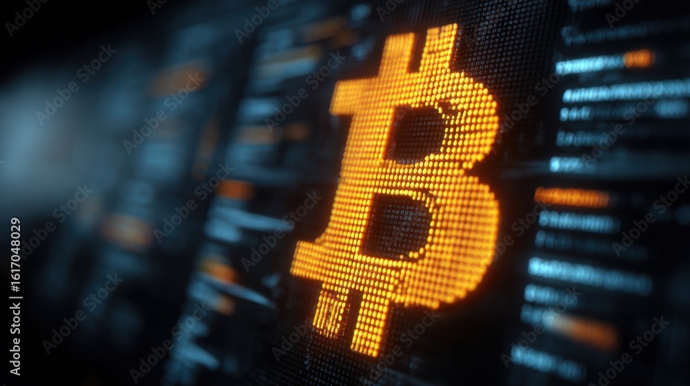 Poster visual representation of a bitcoin symbol as a qubit-powered ledger entry in a secure digital financ