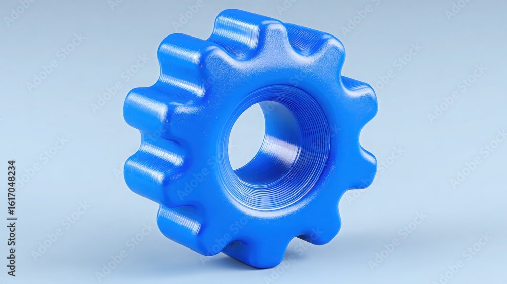 Poster metaphorical representation of a blue gear icon symbolizing scalable innovation engine in digital fi