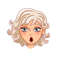 Surprised female person's head. Avatar. Vector illustration.