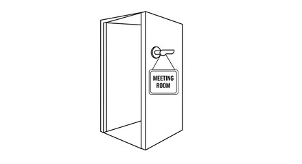 An outline illustration of an open office door with a 'Meeting Room' sign on the handle, representing a business conference space.