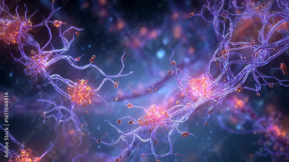 Poster animated sequence showing entangled protein structures glowing within liver cells representing the b