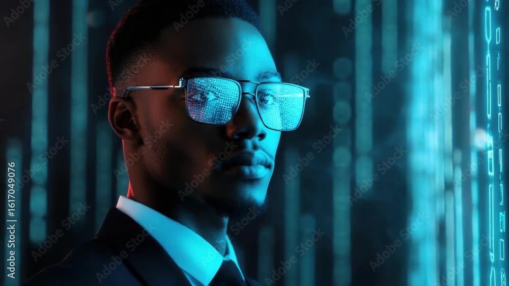 Poster a man in futuristic attire gazing at a digital interface, possibly in the middle of advanced computi