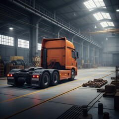 Rear view of an orange semi truck maneuvering inside a large industrial warehouse setting