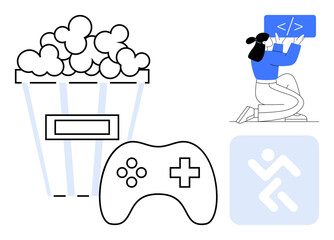 Popcorn bucket beside a gaming controller, a person coding at a desk, and an abstract tech icon. Ideal for entertainment, gaming, coding, hobbies, tech culture, creativity simple landing page