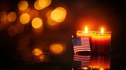 a pair of memorial candles with American flag miniatures beside them, placed on a dark reflective surface with warm, glowing light