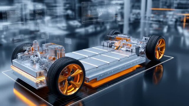 Conceptual image of an electric vehicle battery pack in a futuristic setting showcasing the integration of smart technologies for optimized performance and longevity.