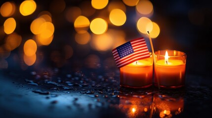 a pair of memorial candles with American flag miniatures beside them, placed on a dark reflective surface with warm, glowing light