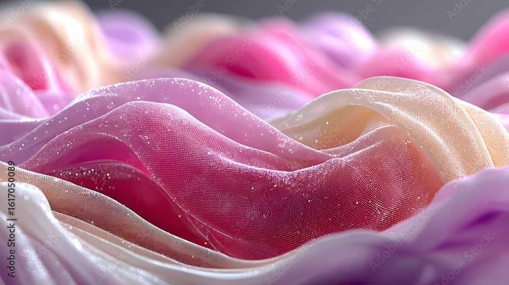 Poster close-up view of flowing, multicolored fabric with shimmering texture.