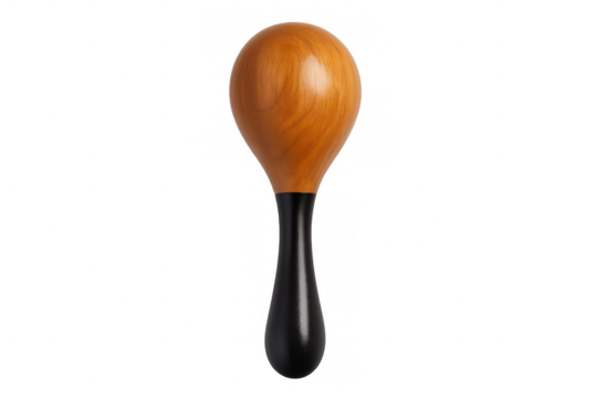 Wooden maracas featuring sleek black handle, resting on transparent surface, highlighting traditional latin percussion instrument's vibrant design