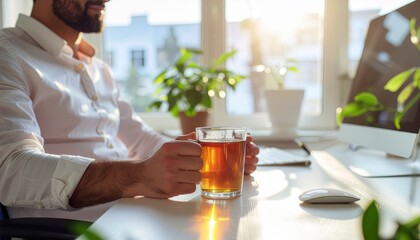 Middle Eastern man enjoying a moment of calm with herbal tea at his office desk in natural daylight