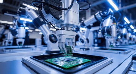 Advanced robotic arm integration of electronic parts in automated production environment.