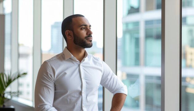 Middle Eastern businessman taking a mindful break by the office window in a moment of reflection