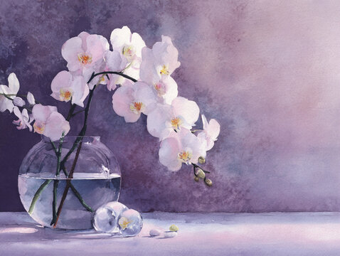 A watercolor scene of a serene orchid arrangement