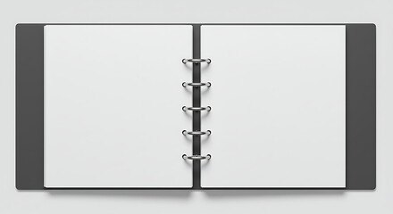 Top view of an open black ring binder with blank white pages. Office stationery and supplies mockup for design or notes.
