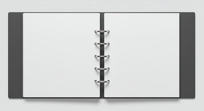 Top view of an open black ring binder with blank white pages. Office stationery and supplies mockup for design or notes.