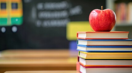 a stack of colorful books with a red apple on top, placed on a wooden desk with school bus and chalkboard blurred in the background