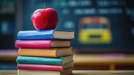 a stack of colorful books with a red apple on top, placed on a wooden desk with school bus and chalkboard blurred in the background