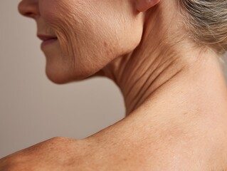 Obraz premium Fine wrinkles along the shoulder blades. The skin on the back is beginning to show wrinkles along the shoulder blades.