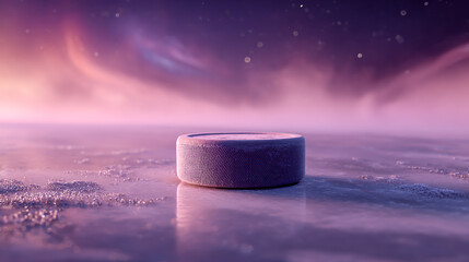 3D render of a hockey puck on an ice rink with a light purple background, glowing swirls, and dust particles in the air, minimalistic design, high-resolution photography, extremely detailed