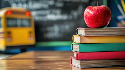 a stack of colorful books with a red apple on top, placed on a wooden desk with school bus and chalkboard blurred in the background