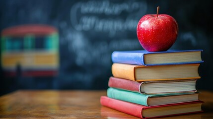 a stack of colorful books with a red apple on top, placed on a wooden desk with school bus and chalkboard blurred in the background