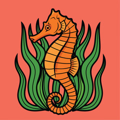 Stylized Orange Seahorse Amidst Green Seaweed.