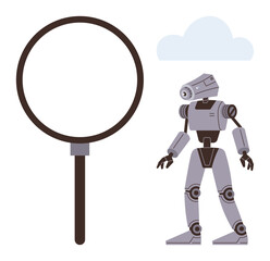 Humanoid robot beside a magnifying glass under a cloud, suggesting artificial intelligence, robotics, and data analysis. Ideal for innovation, technology, research, automation, future concepts