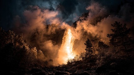 Fototapeta premium Fiery geyser nighttime eruption