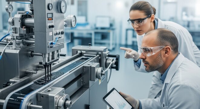 Engineers monitoring slotdie coating operation applying graphene ink films on electrode materials for nextgeneration supercapacitor development.