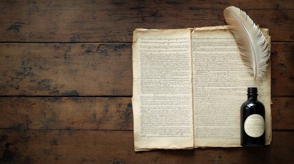 a vintage flat lay of U.S. Constitution pages, an ink bottle, and a feather quill arranged on an aged wooden table with soft shadows