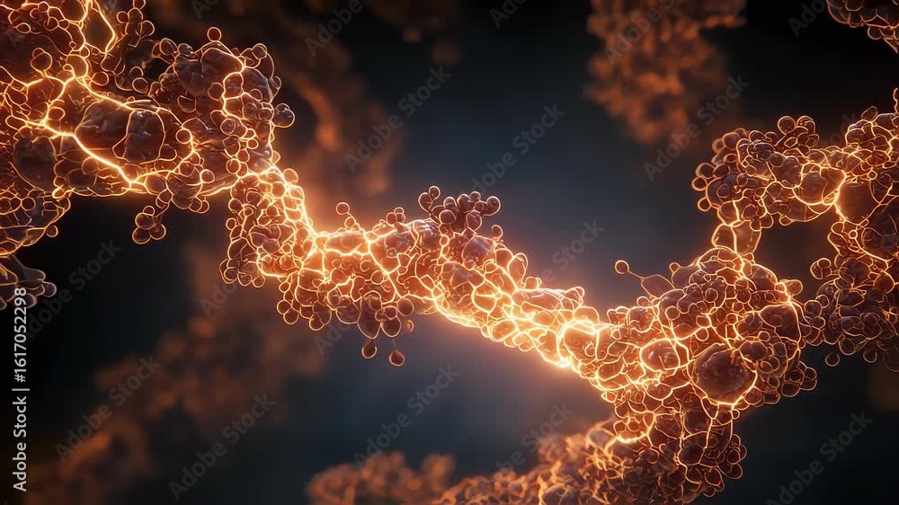 Poster animated sequence showing entangled protein structures glowing within liver cells representing the b