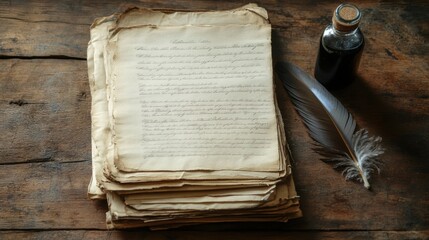 a vintage flat lay of U.S. Constitution pages, an ink bottle, and a feather quill arranged on an aged wooden table with soft shadows