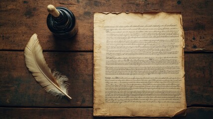 a vintage flat lay of U.S. Constitution pages, an ink bottle, and a feather quill arranged on an aged wooden table with soft shadows