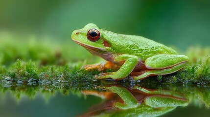 Obraz premium Close-up of a vibrant green tree frog resting on moss.