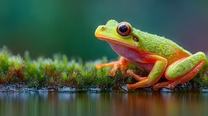 Vibrant green and orange tree frog perched on moss.